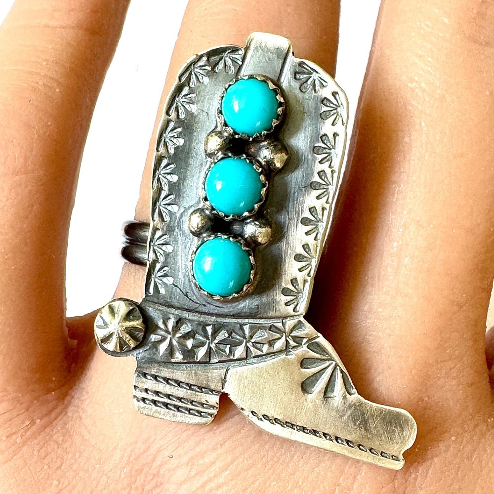 Navajo Cowboy Boot Ring Turquoise Sz 8 Sterling Signed T Yazzie Native American